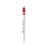 A plastic pen in white with red accents and a logo. It features a click mechanism for writing.