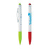 A set of two stylus pens in white with green and red tops, featuring a branding logo on the barrel.