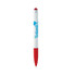 A stylus pen featuring a white barrel and red accents, including a rubber tip, with a logo on the side.