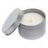 A vanilla scented candle in a silver tin with a removable lid, featuring a plain white wax finish.