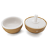 A wooden-textured diffuser with a white ceramic interior, featuring a base with a central nozzle and a logo.