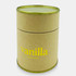 A small, round candle in a brown container with a gold lid, featuring "vanilla" in yellow text.