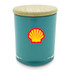 A medium teal candle in a glass container with a bamboo lid and a logo on the front.