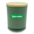 A medium green candle with a bamboo lid and a logo on the front.