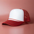 A red and white trucker cap with a structured front and mesh back. It features a curved brim and a logo.