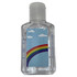 A clear 60ml hand sanitiser gel with 75% ethyl-alcohol and a rainbow design on a light blue background.