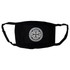 A black cotton face mask featuring a circular design in the centre. The mask has ear straps and a logo.