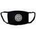 A black cotton face mask featuring a circular design in the centre and adjustable ear straps.