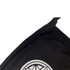 A black cotton face mask featuring a logo on the front and a stitched edge.
