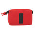 A red first aid travel kit featuring a zip closure and a strap. It has a small logo tag.