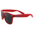 Red sunglasses with dark lenses, featuring a branded logo on the side. Ideal for leisure and outdoor activities.