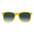 A pair of yellow sunglasses with dark green gradient lenses and a simple design. They feature a logo on the frame.
