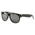 Black sunglasses with grey lenses, featuring a logo on the side, perfect for leisure and outdoor activities.