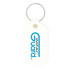 An oval white keychain with a metal ring and a logo in blue text.