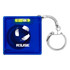 A blue tape measure with a level and a keychain attachment, featuring a logo on the front.