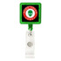 A green rectangular badge holder with a clear strap and a logo displayed in the centre.