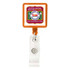 A rectangular badge holder in orange and clear, featuring a logo at the top and a retractable reel.