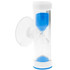 A sand timer with a clear plastic case and blue sand, featuring a suction cup for attachment.
