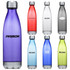 A drink bottle collection featuring various colours: purple, red, silver, green, and blue, each with branding.