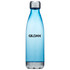 A drink bottle in blue plastic with a silver lid and a logo on the front. Suitable for holding 700ml of liquid.
