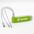 A green and grey power bank with attached charging cables and a branding logo. Ideal for portable charging needs.