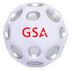 A high bounce ball in white with silver accents and a logo featuring red text.