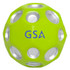 A vibrant green high bounce ball with silver holes and a logo. Ideal for fun and games.