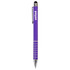 A purple stylus pen with a silver clip and accents, featuring a logo on the barrel.