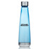 A drink bottle made of clear Tritan material, featuring a sleek blue design and a metallic silver lid.