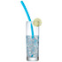 A drink bottle filled with icy water and a blue reusable silicone straw, garnished with a lime slice.