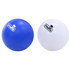A blue and a white massage ball featuring a logo. Smooth surface and round shape, ideal for stress relief.
