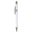 A stylus pen featuring a white barrel with a green top and silver trim, including a logo.