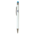 A white stylus pen with a blue tip and a silver clip, featuring a branding logo.