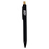 A plastic pen in black with a gold tip and a branding logo.