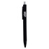 A black plastic pen featuring a clip and a silver tip, with a logo on the barrel.
