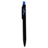 A black plastic pen with a blue tip and a clip, featuring a visible logo area.