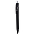 A black plastic pen with a silver tip and a logo on the side.