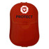 A red protective case featuring a logo on the front and a clasp closure.