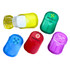 A set of hand sanitiser dispensers in yellow, green, red, and purple, each with a distinct design and branding.