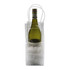 A transparent cooler bag containing a wine bottle and ice, with a white handle and a branding logo.