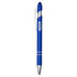 A blue metal pen with a silver clip and trim, featuring a logo on its body.