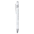 A metal pen in white, featuring a chrome clip and tip, with a stylus at the end and a logo.