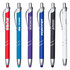 A set of six metal pens in red, blue, purple, black, and white, each with a logo and a chrome clip.