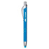 A blue metal pen with a silver clip and detailing, featuring a logo on the barrel.