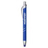 A blue metal pen with silver accents and a clip, featuring a branding logo.