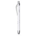 A white metal pen featuring a silver clip and a sleek design, with a logo on its body.