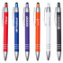 A collection of metal pens in red, purple, orange, white, and black, each with a clip and a logo.