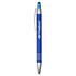 A blue metal pen with a silver clip and tip, featuring a branding logo.