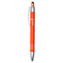 An orange metal pen with a chrome clip and tip, featuring a branding logo.