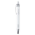 A metal pen in white with chrome accents and a logo. Features a stylus tip for touchscreen devices.